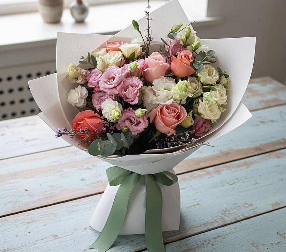 Букет цветов из: Розы, Лизиантусы и Гвоздики в Правдинске Нижегородской области