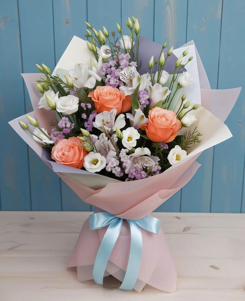 Букет цветов из: Лизиантусы, Розы, Альстромерии и Гипсофила в Правдинске Нижегородской области