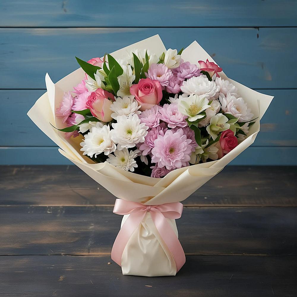 Букет цветов из: Хризантемы, Альстромерии и Розы в Правдинске Нижегородской области